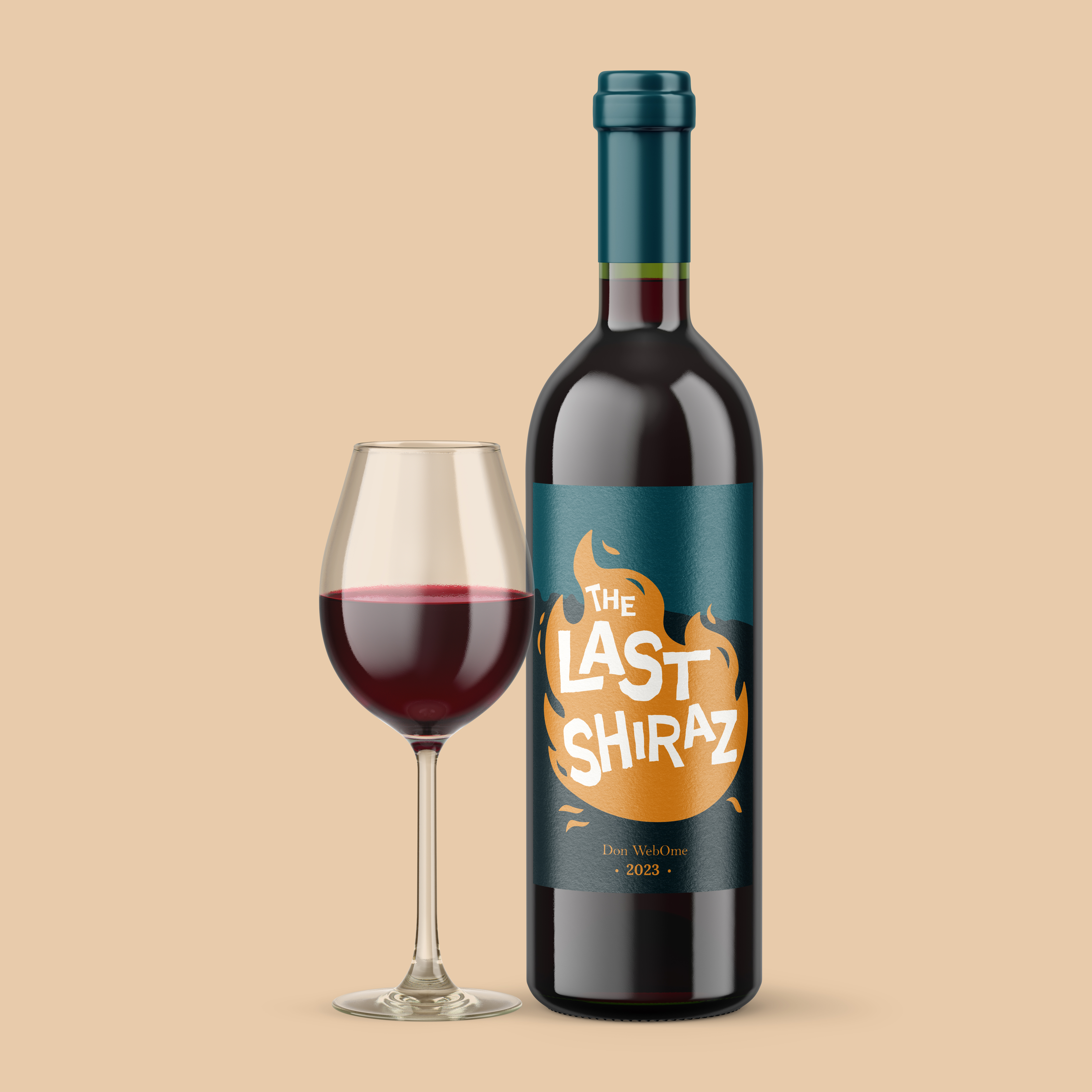 Bottle showing the label and a glass of red wine